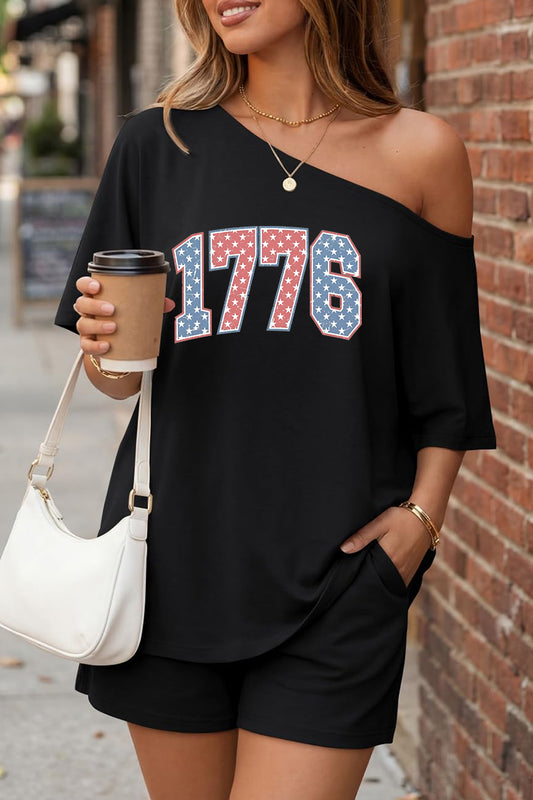 1776 Graphic Off Shoulder Short Sleeve USA Summer Set