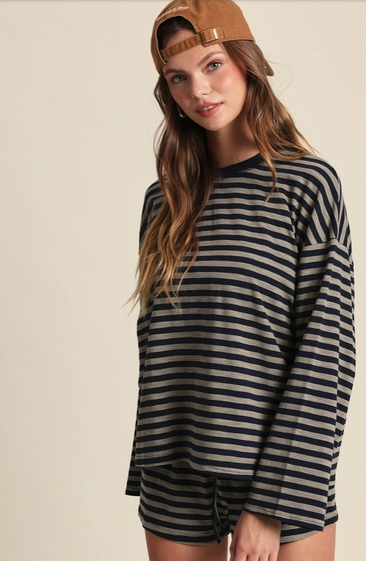 Striped Lounge Set Casual Long Sleeve Top Shorts