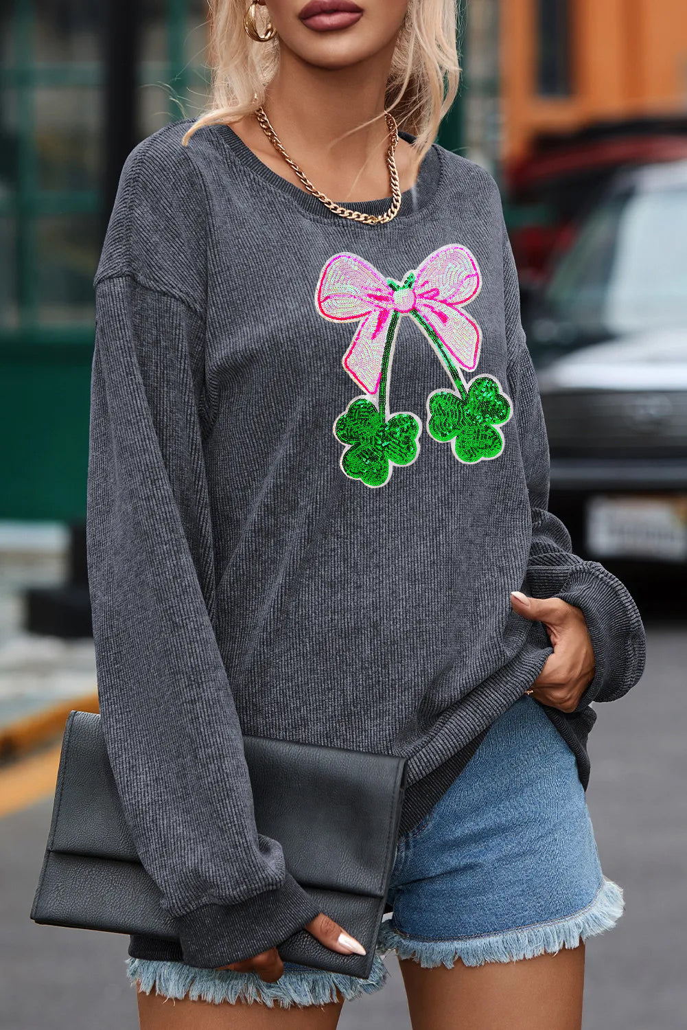 Saint Patrick’s Day Sequin Bow Clover Graphic Sweatshirt