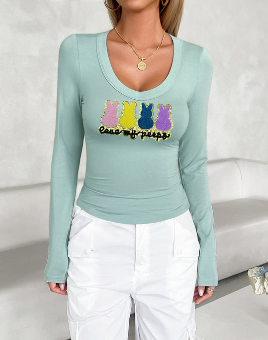 Easter Bunny Graphic U Neck Long Sleeve Fitted Top