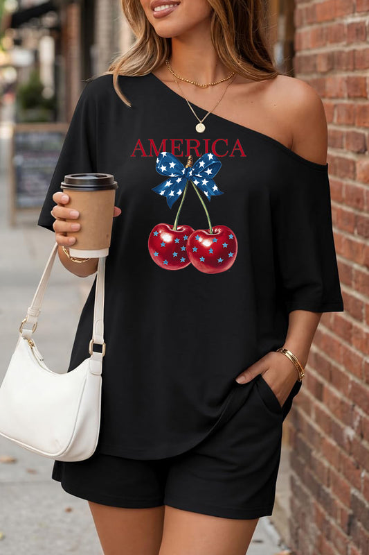 USA Patriotic Cherry Off Shoulder Short Sleeve Summer Set