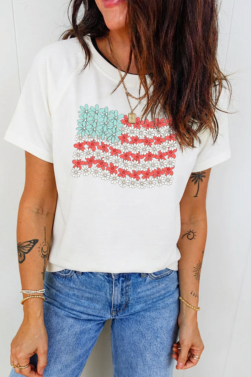 4th of July Floral American Flag Patriotic Tee