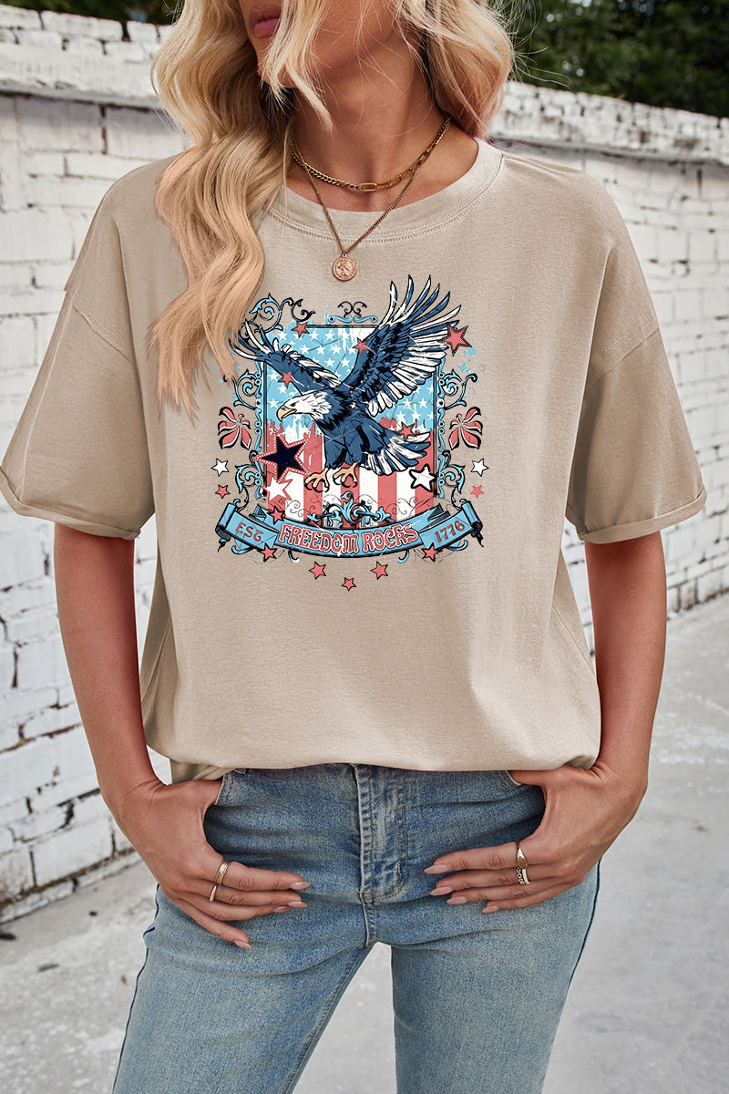 Patriotic Cotton Graphic Tee Oversized Eagle Freedom Top