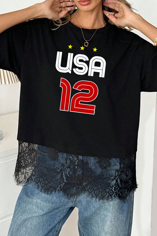 USA 12 Graphic Lace Hem Oversized World Cup T Shirt