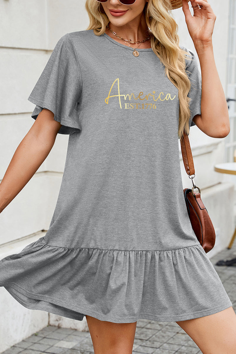 America Letter Cotton Dress Casual Ruffle Trendy