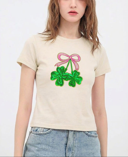 St Patricks Day Bow Shamrock Sequin Crop T-Shirt