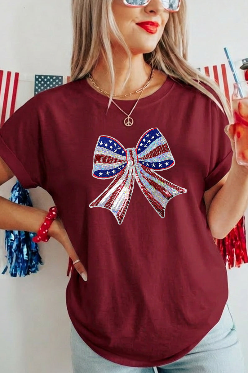 4th of July Bow Graphic Tee Women Patriotic Top