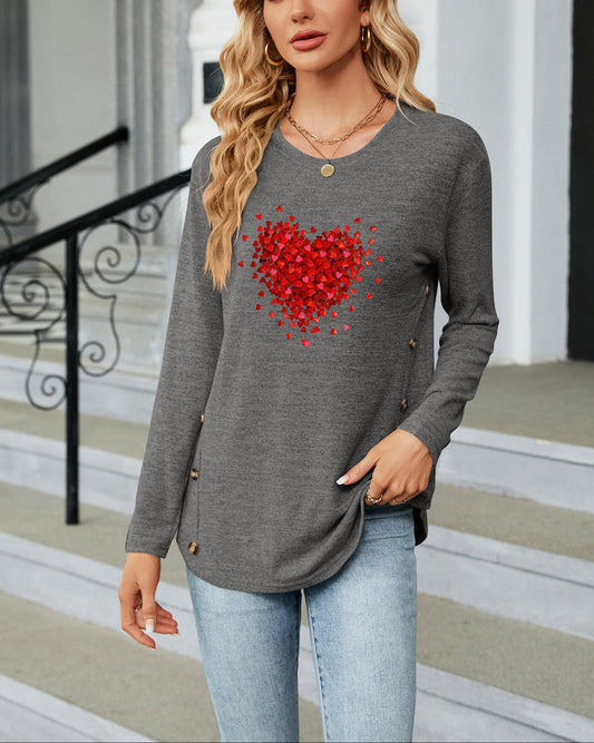 Valentine's Day Red Heart Pattern Casual Long Sleeve Top