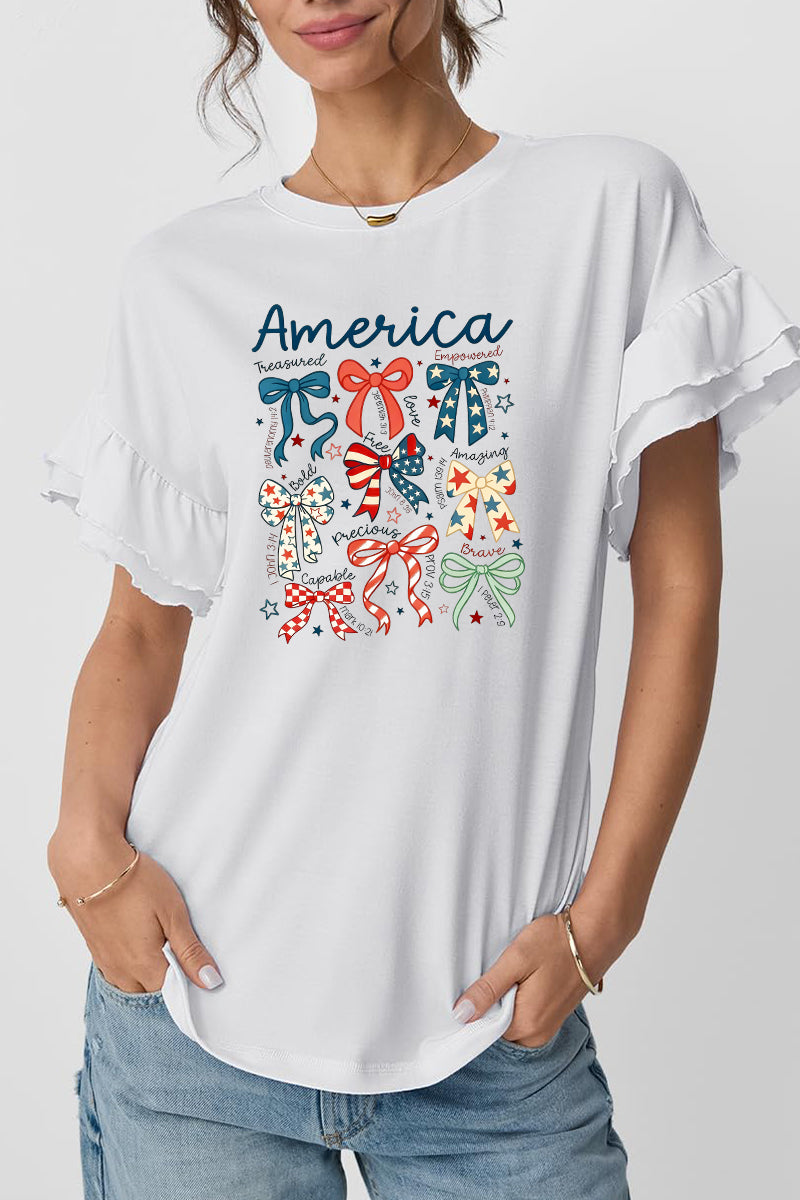 America Bow Graphic Ruffle Sleeve Tee Patriotic Holiday Top