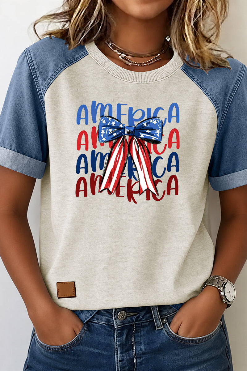 Patriotic Graphic Tee Denim Patchwork USA Back Print