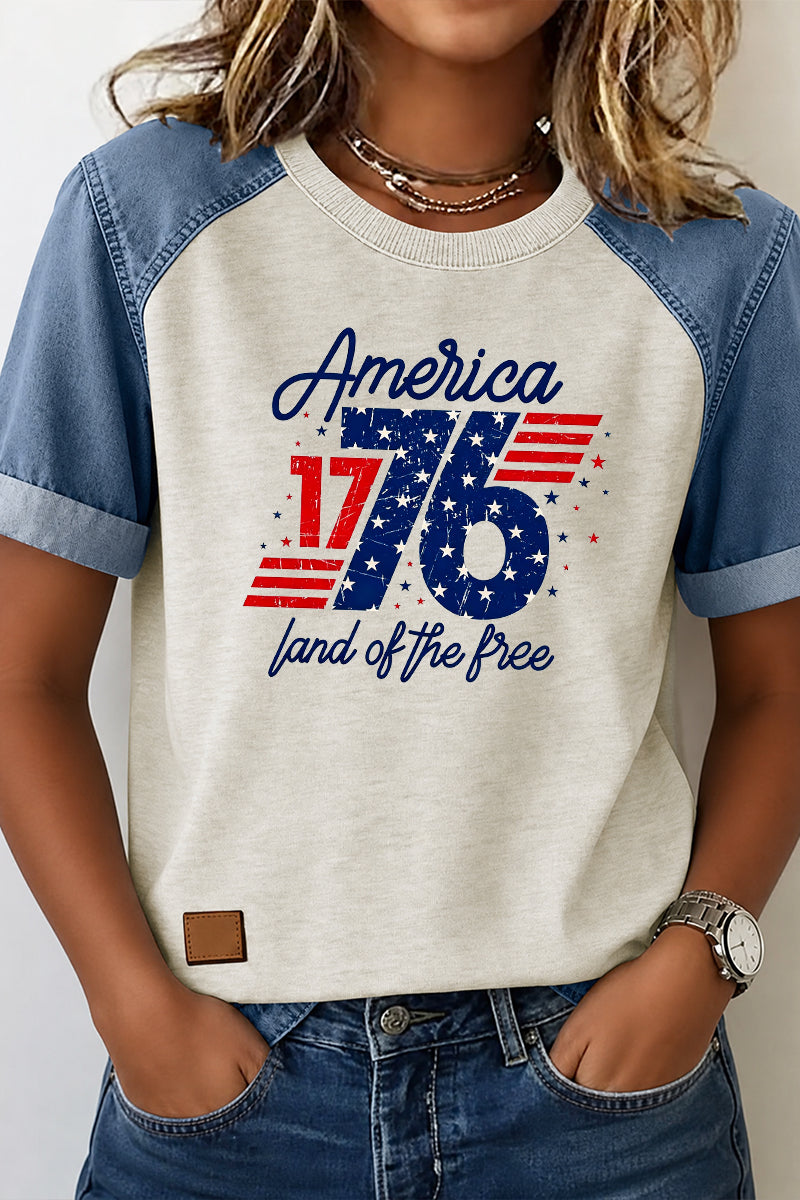 Patriotic Graphic Tee Denim Patchwork America 1776 Top