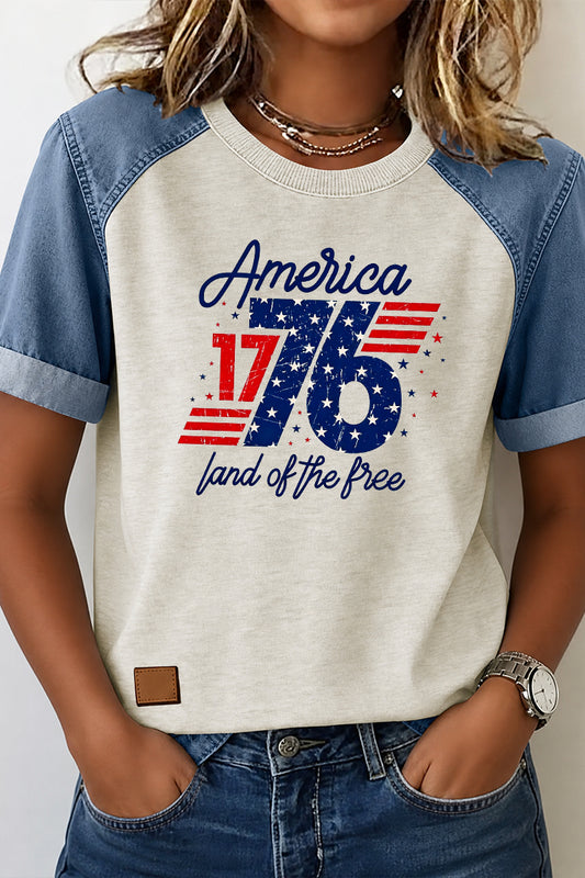 Patriotic Graphic Tee Denim Patchwork America 1776 Top