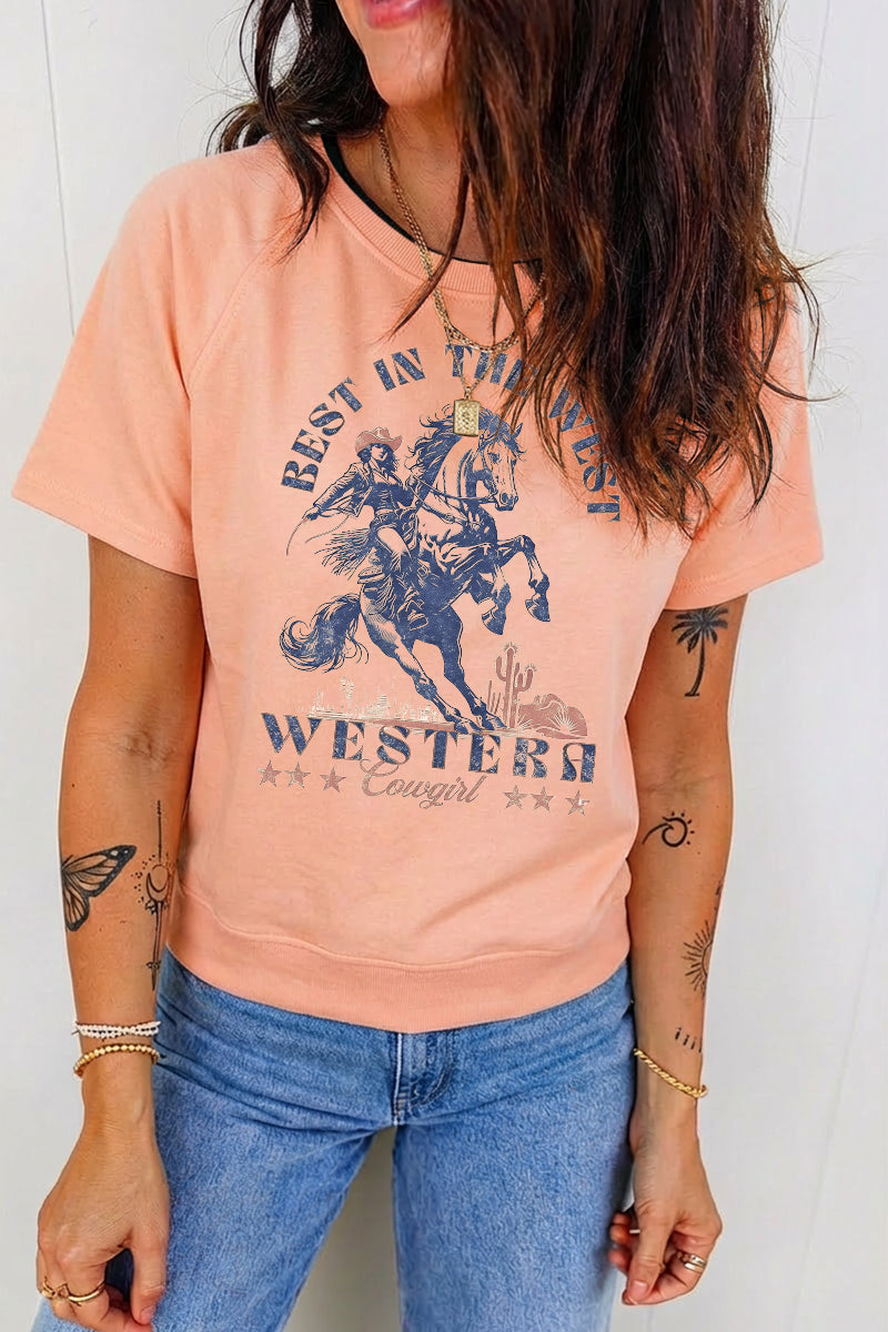 Western Horse Graphic Sweat Tee Casual Loose Cowgirl Top