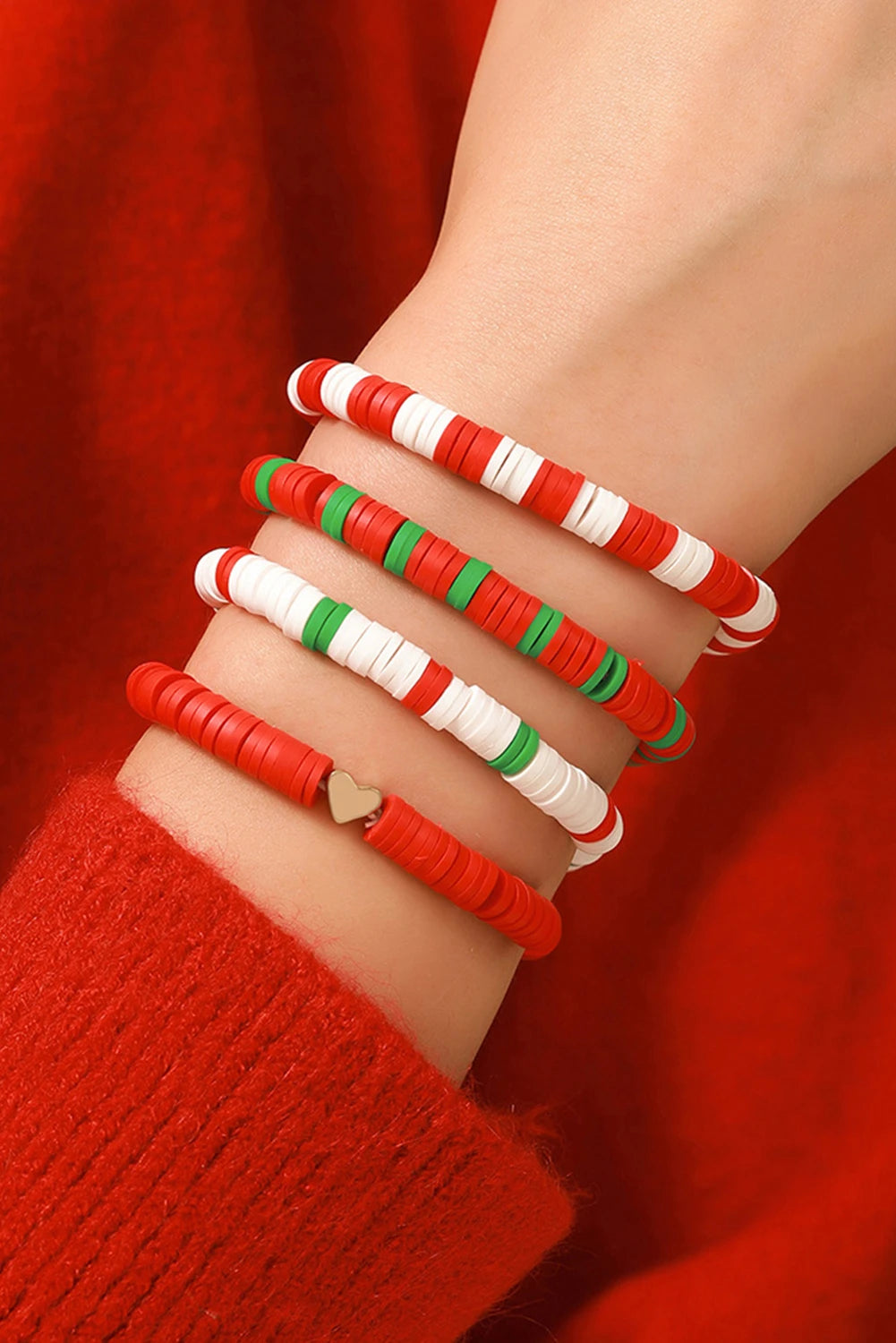 Fiery Red Christmas Color Polymer Clay 4pcs Bracelet Set
