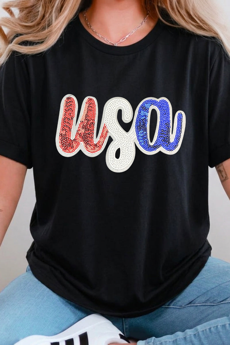 4th of July USA Sequin Letter Graphic Tee