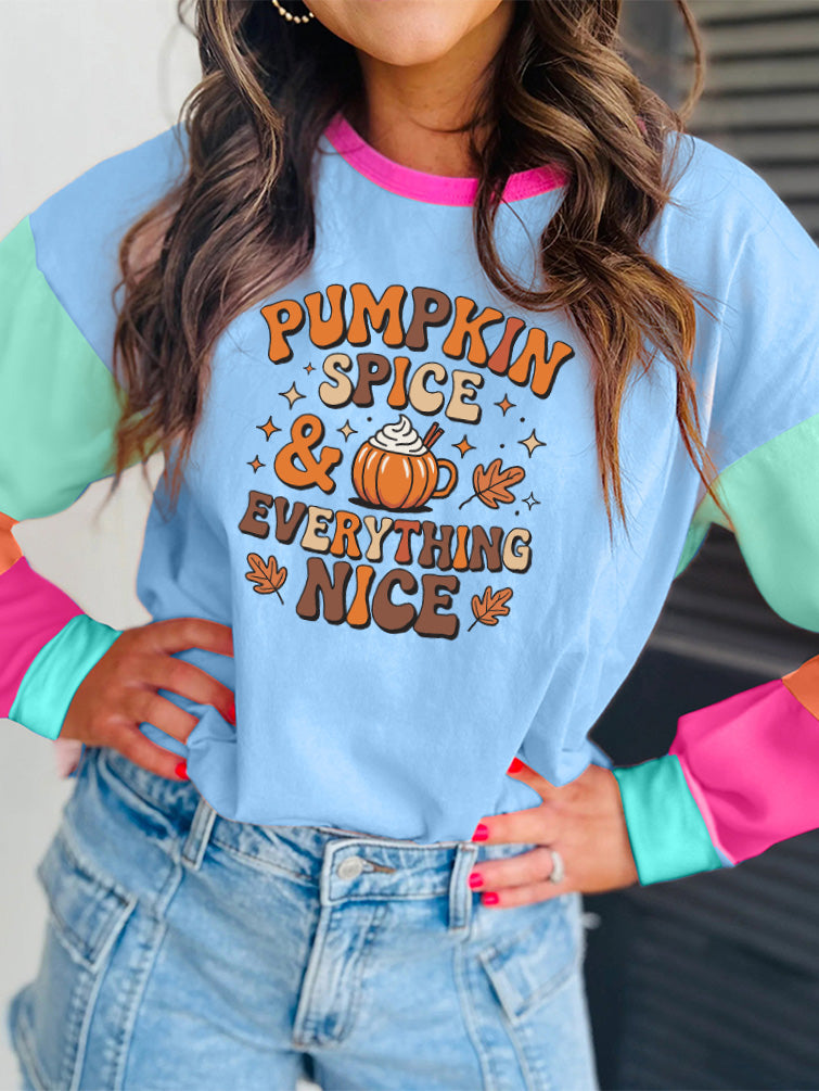 Thanksgiving Pumpkin Color Block Long Sleeve Tee