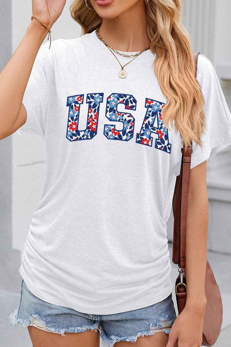 USA Pattern Fill Letter Graphic 4th of July Casual Tee