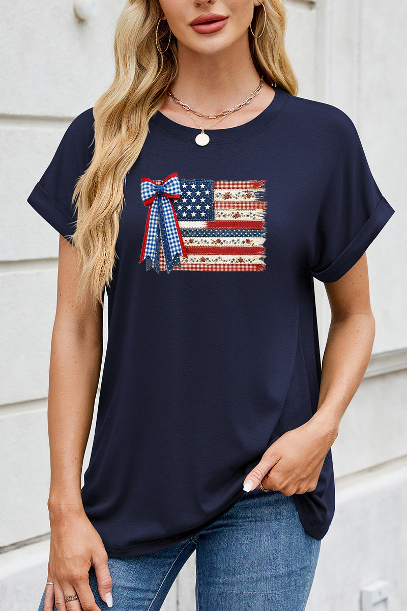 USA Flag Bow Tee Women Patriotic 4th of July Shirt