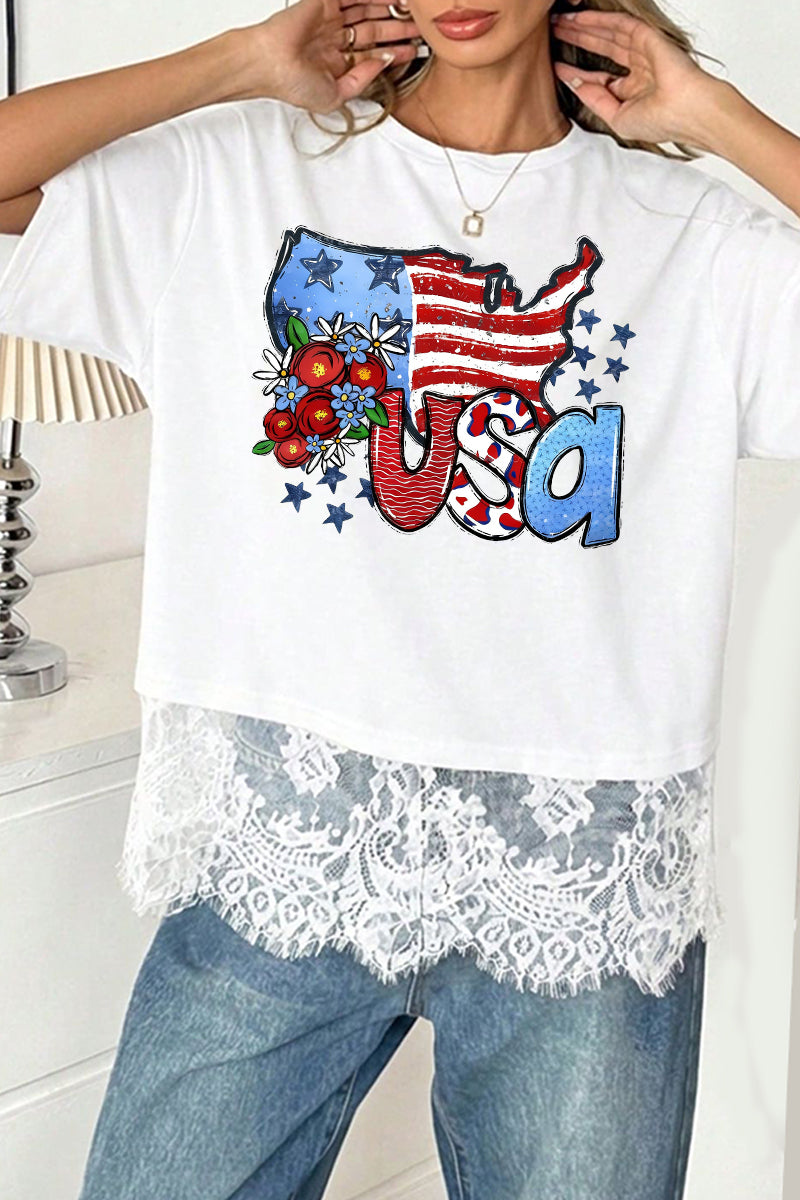 USA Graphic Woven Tee Lace Hem Flag Cute Summer Top