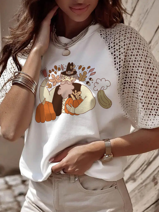 Thanksgiving Pilgrim Pumpkin Graphic Crochet Sleeve Tee