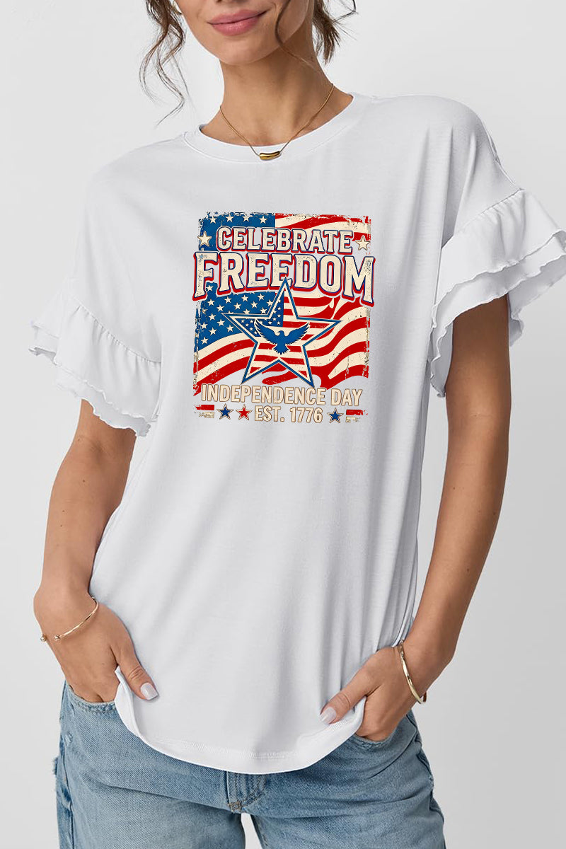 Freedom Cotton Tee Patriotic Graphic Ruffle Sleeve Top