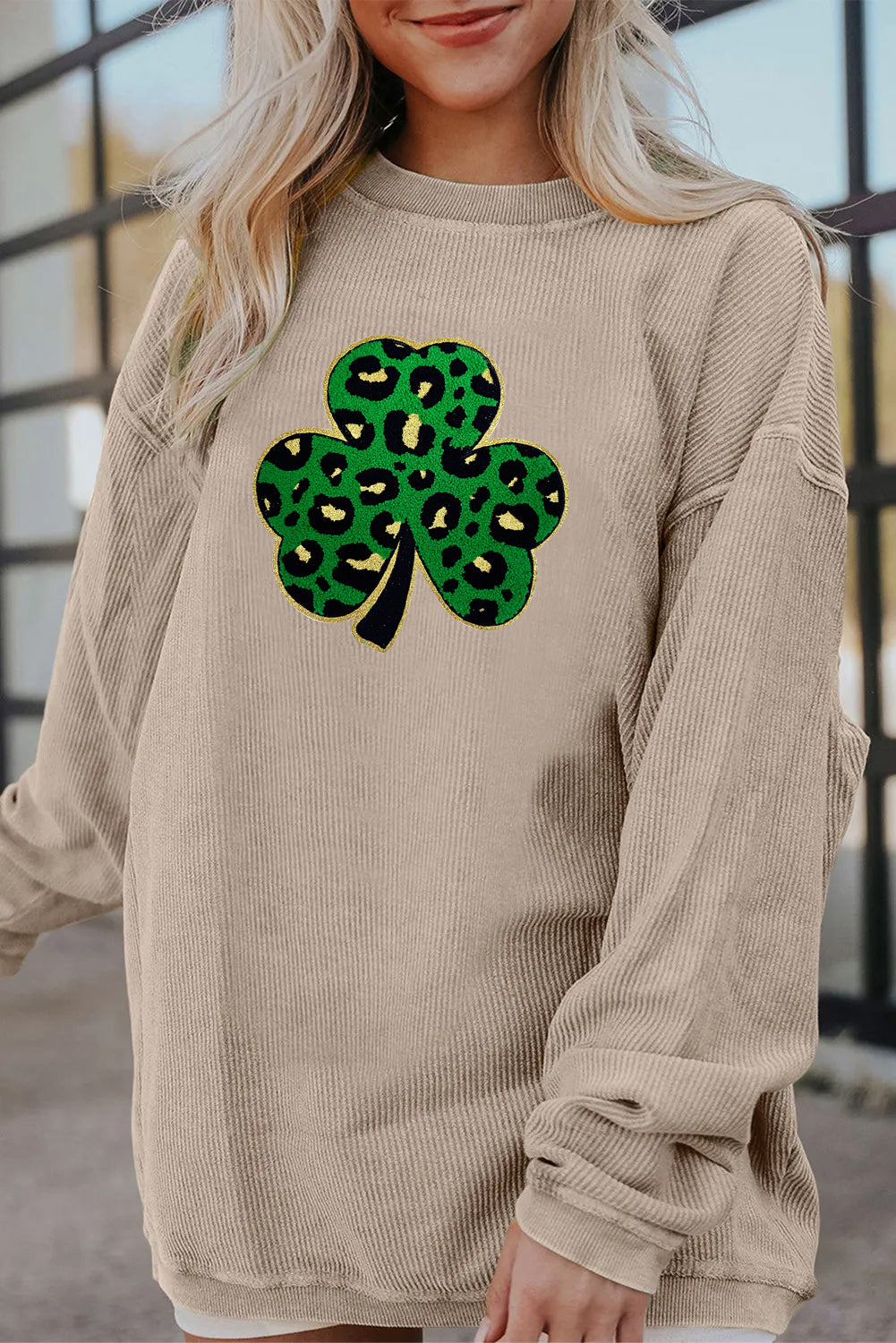 Saint Patrick’s Day Leopard Shamrock Corded Sweatshirt