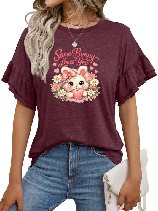 Easter Bunny Ruffle Sleeve Graphic Cotton Tee