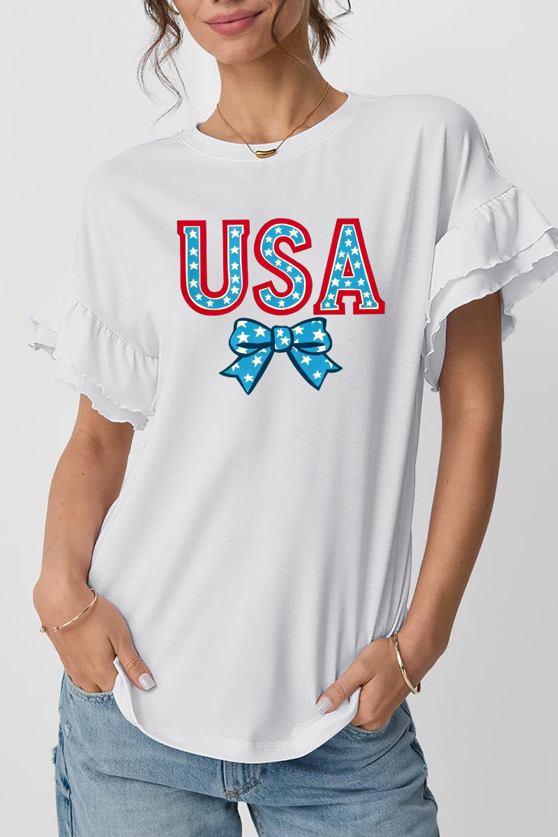 USA Bow Graphic Ruffle Sleeve Patriotic Holiday Tee