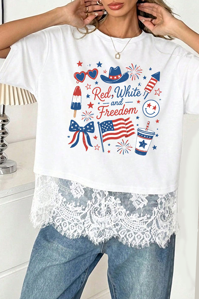 Patriotic Polyester Tee Red White Freedom 4th July Top