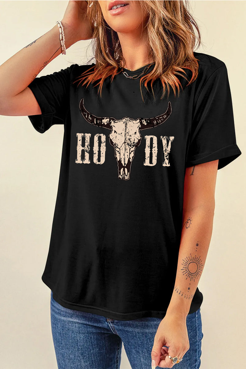 Western Howdy Cow Skull Graphic Tee Vintage Cowboy Shirt