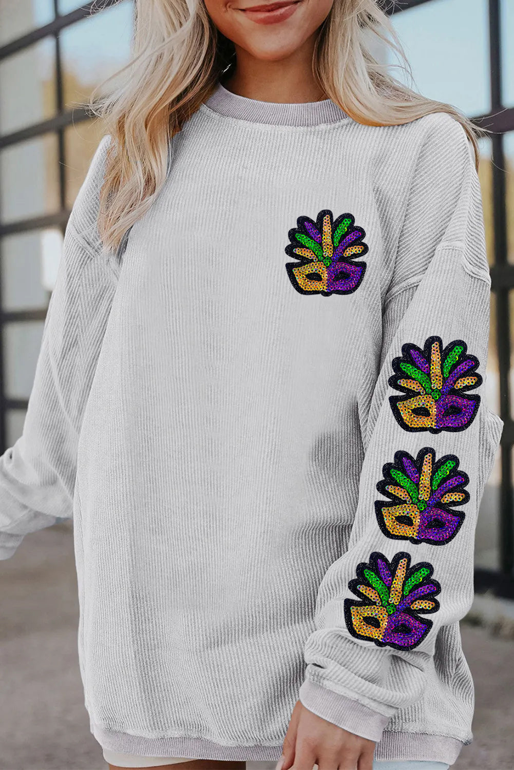 Mardi Gras Mask Patch Sleeve Detail Casual Sweatshirt