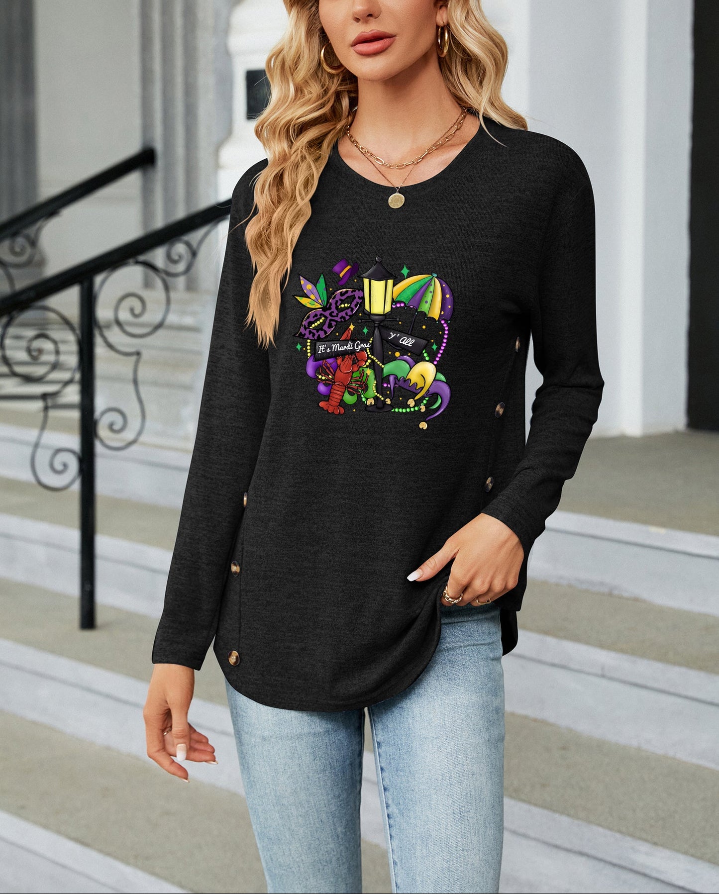 Mardi Gras Festive Mask Crown Graphic Casual Top