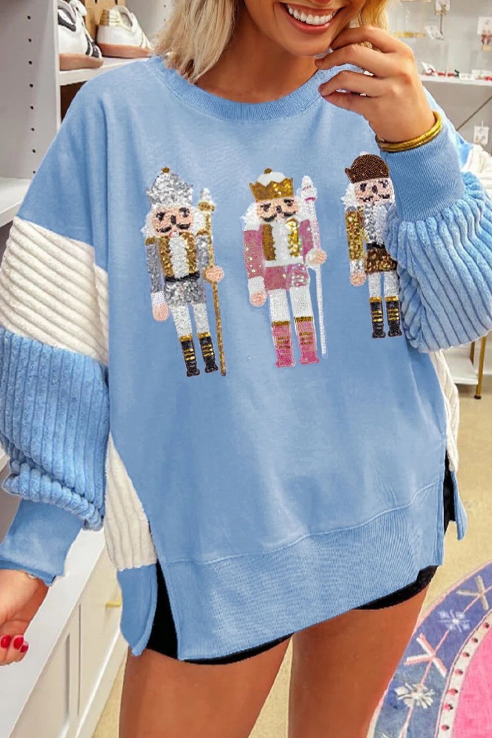 Sequin Nutcracker Textured Sleeve Patchwork Color Block Sweatshirt