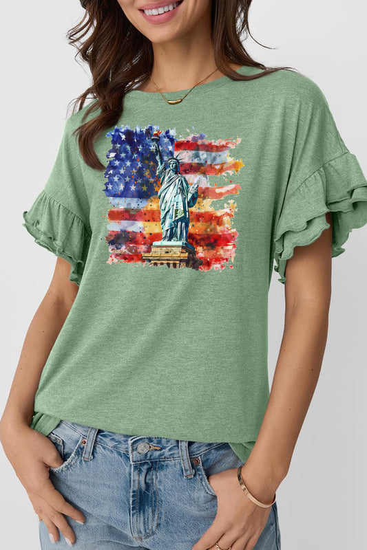 USA Flag Statue Graphic Ruffle Sleeve Patriotic Tee