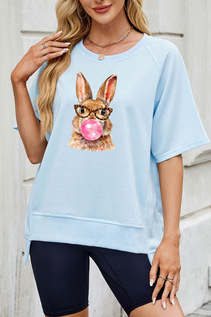 Easter Floral Bunny Graphic Tee Women Spring Casual Shirt