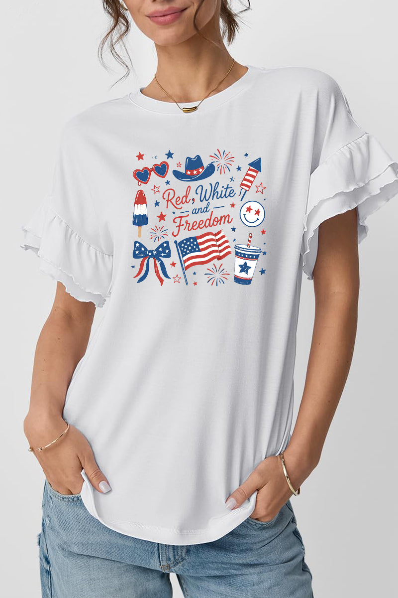 Patriotic Graphic Tee Freedom Ruffle Sleeve Top