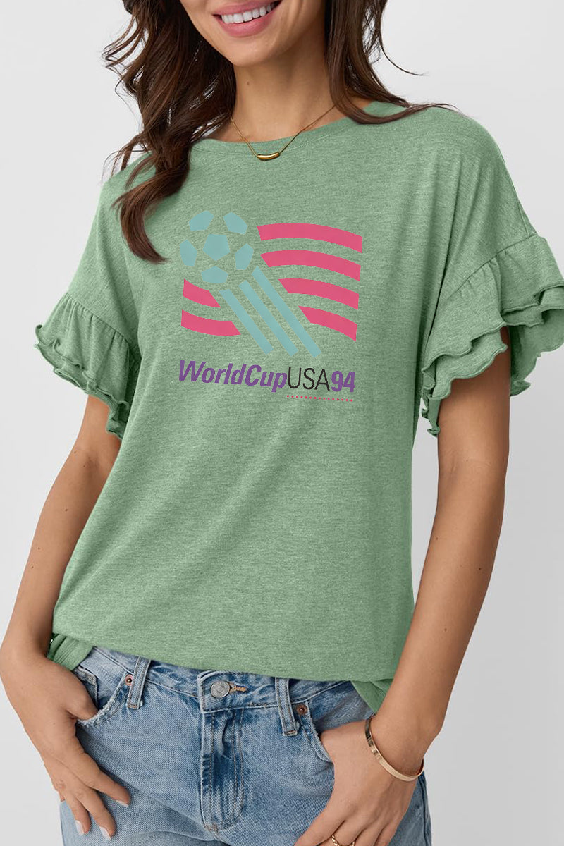 Graphic Ruffle Sleeve T Shirt USA94 Soccer Casual Tee