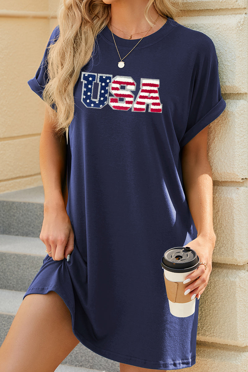 USA Flag Graphic T Shirt Dress Loose Fit Pocket