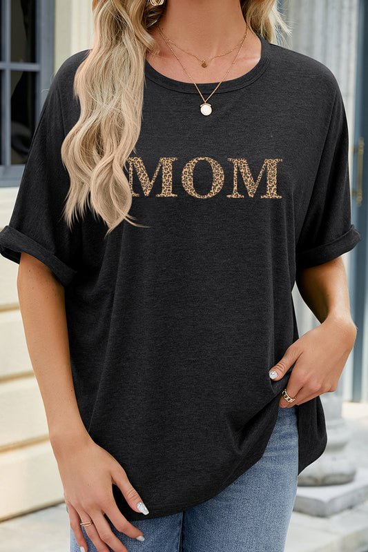 MOM Leopard Letter Graphic Mothers Day Casual Tee