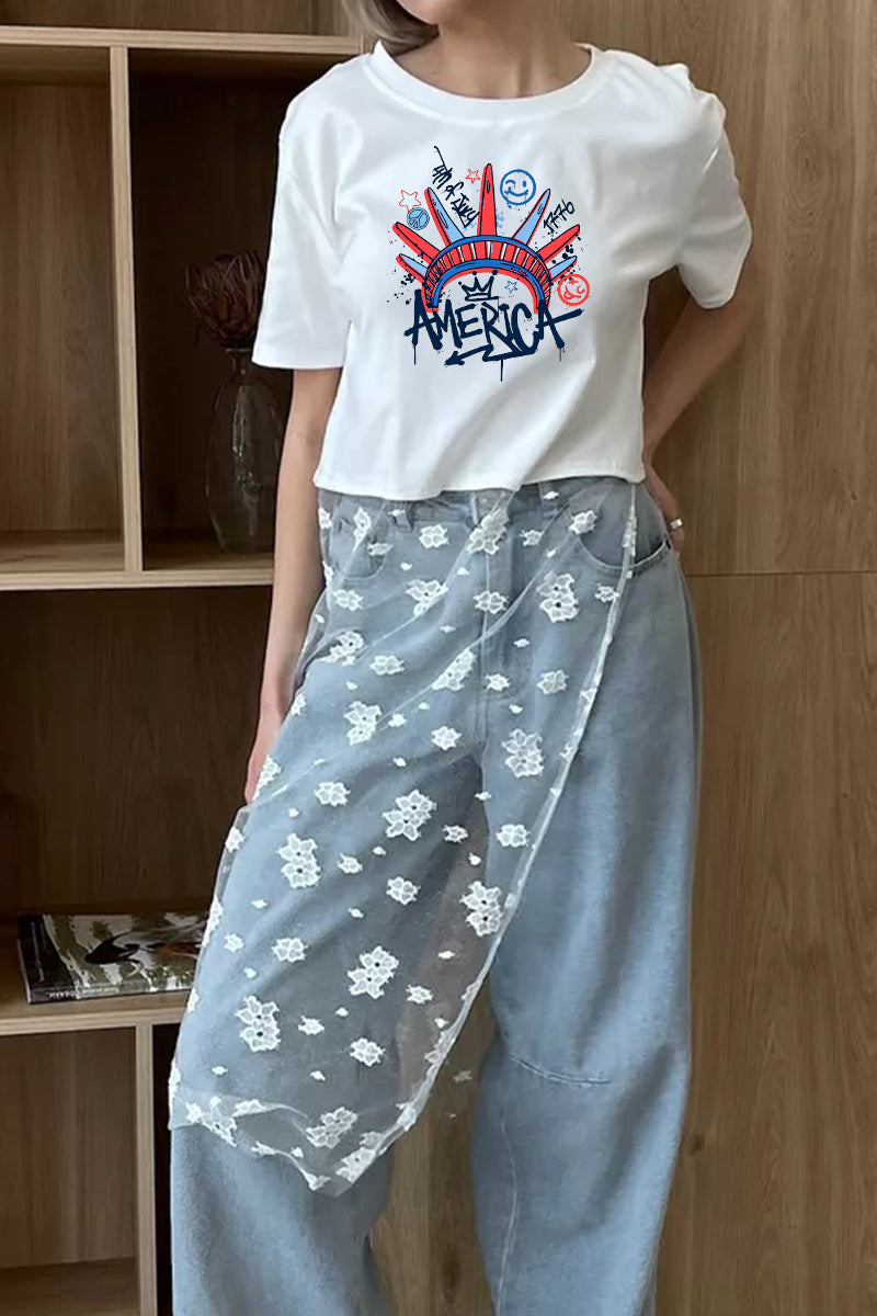 Patriotic Graphic Cotton Tee Lace Patchwork Top