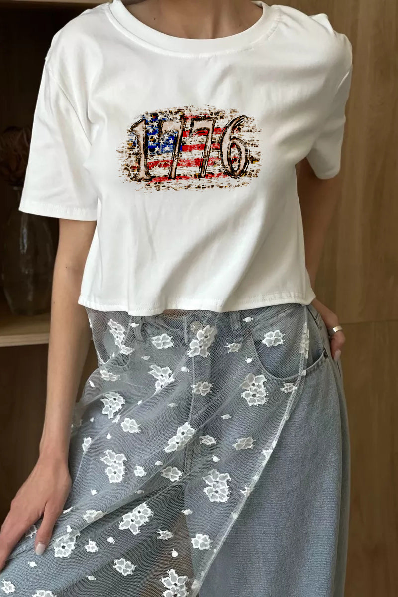 Vintage Patriotic Graphic Tee Lace Patchwork Top