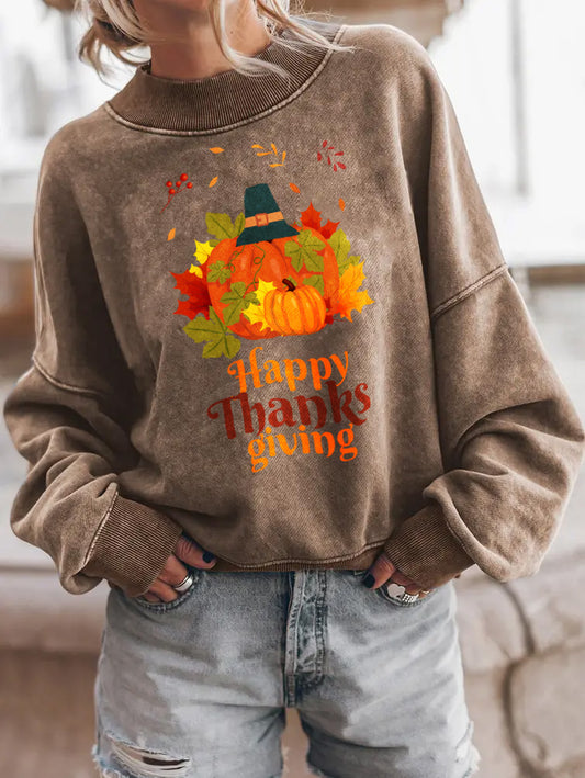 Happy Thanksgiving Pumpkin Fall Leaves Graphic Sweatshirt