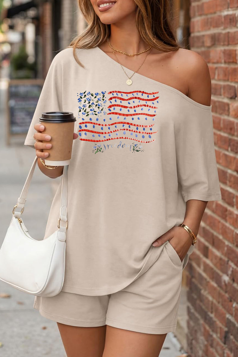 Floral American Flag Off Shoulder Shorts Set Women