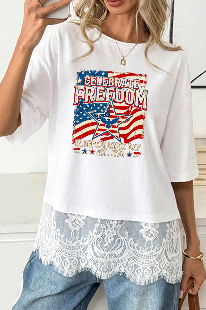 USA Flag Graphic Tee Lace Trim Patriotic 1776 Summer
