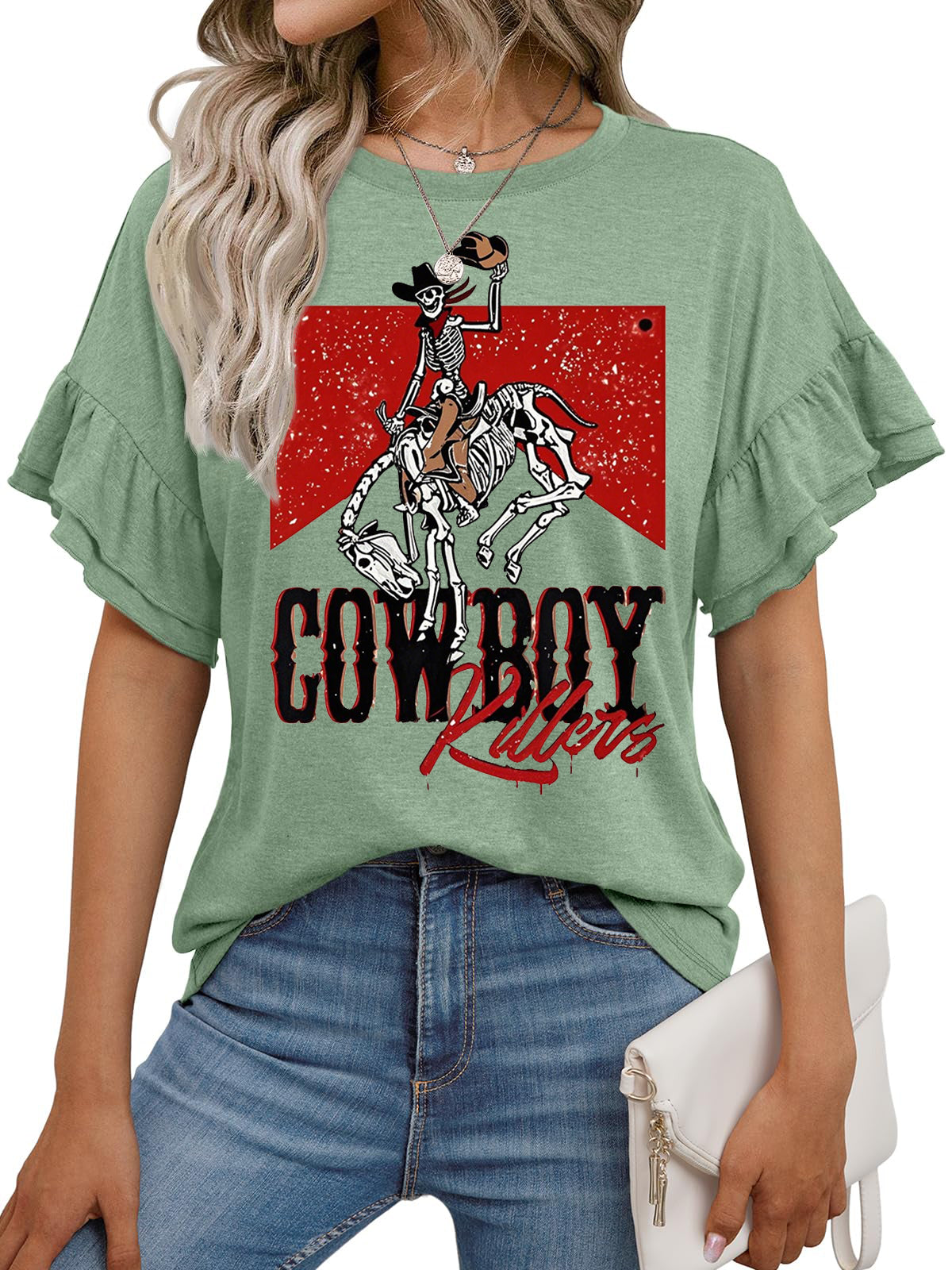 Vintage Cowboy Graphic Ruffle Sleeve Western Tee