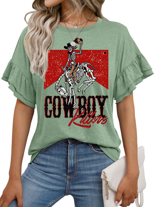 Vintage Cowboy Graphic Ruffle Sleeve Western Tee