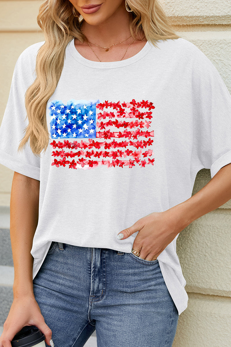 Floral American Flag Graphic Tee Fourth of July Patriotic Casual T Shirt