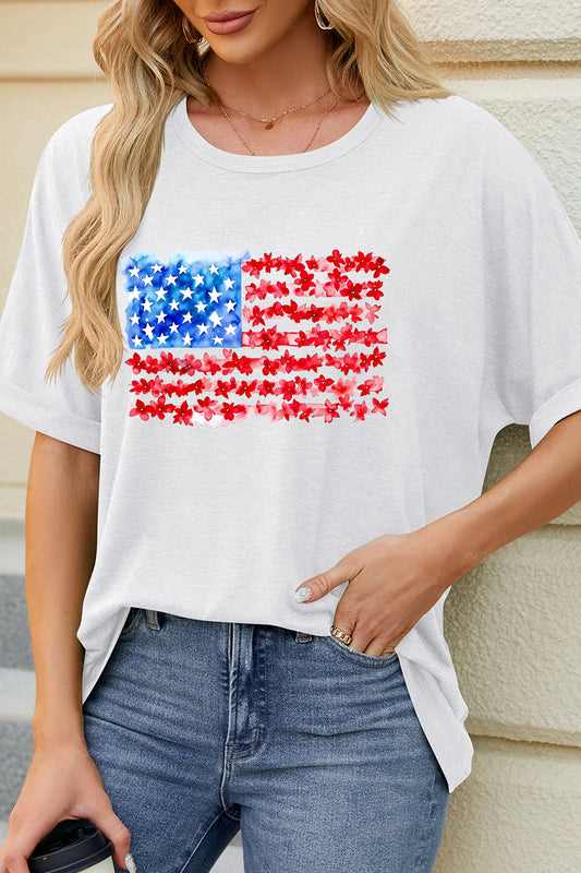 Floral American Flag Graphic Tee Fourth of July Patriotic Casual T Shirt