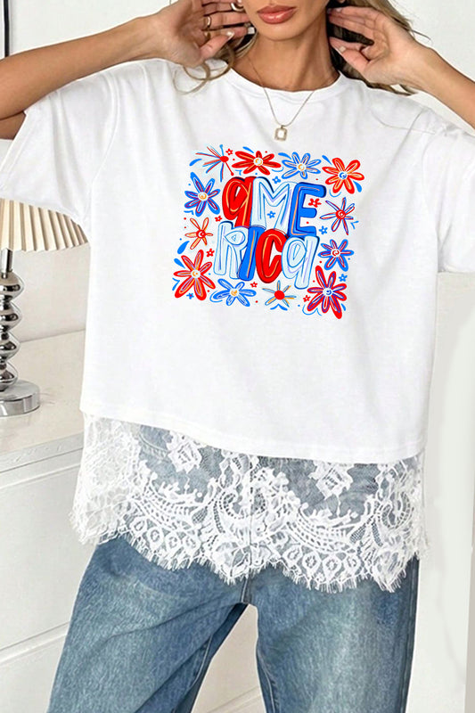 Patriotic Polyester Tee 4th July Flower Graphic Top
