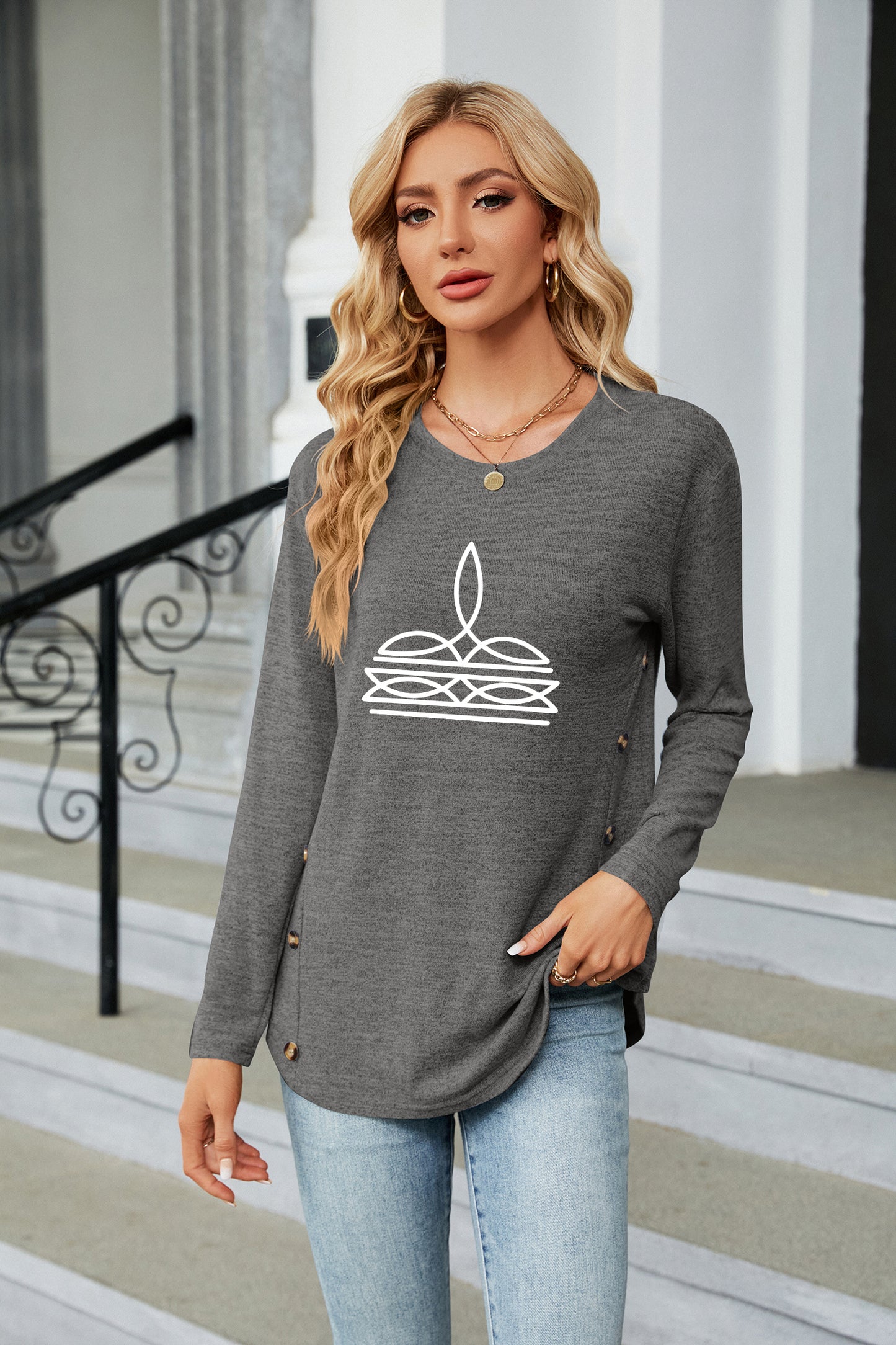 Western Minimal Line Art Long Sleeve Casual Top
